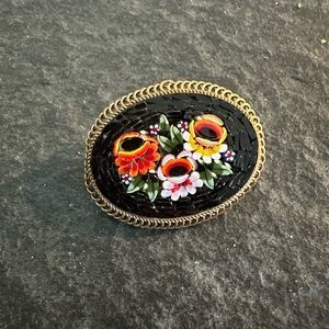 Vintage Italian Brooch - Micro Mosaic Flowers on Black, Italian Stamped